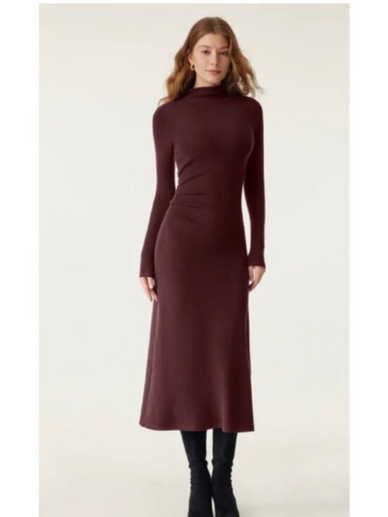 Long Sleeve Mock Neck Knit Dress in Deep Burgundy - Picture 2 of 2